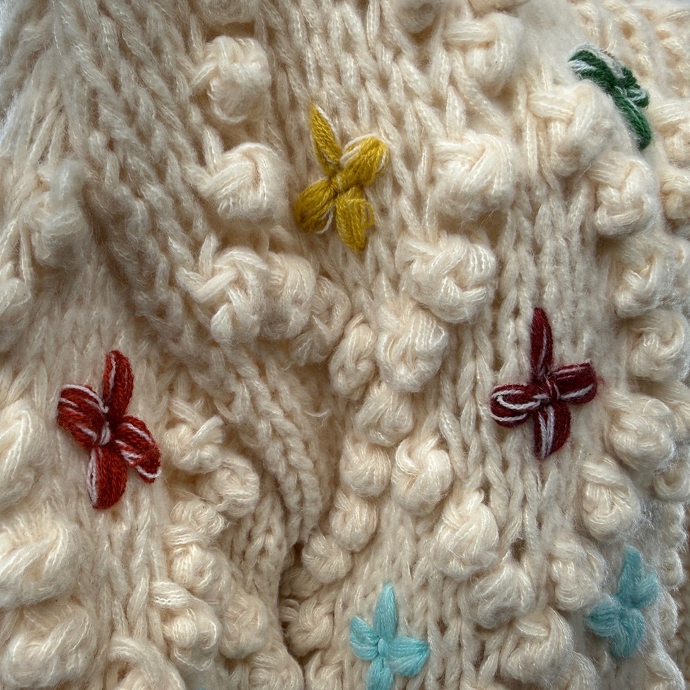 SAACHI Aria Popcorn Knit Chunky Cardigan Size L Cross Stitch Pom Pom Flowers - Picture 10 of 12